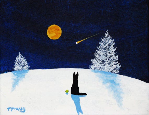 Black German Shepherd Dog WINTER Art PRINT Todd Young painting FALLING SNOW