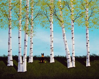May include: A black and brown dog sits in a field of green grass, looking towards a blue sky.  The dog is surrounded by a grove of white birch trees with green leaves.