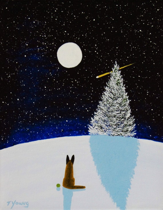 Belgian Malinois Dog Moon Folk Art Print by Todd Young FALLING