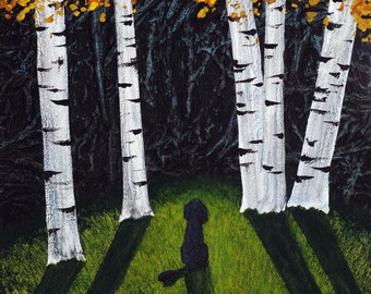 Black Standard Poodle Dog Folk Art PRINT of Todd Young painting Birch Trees