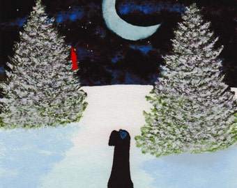 Giant Black Schnauzer Dog Folk Art Print of Todd Young painting WINTER MOON