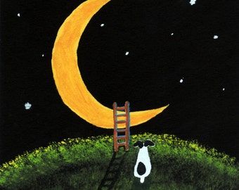 RAT Terrier Dog folk Art PRINT of Todd Young painting Ladder to the Moon