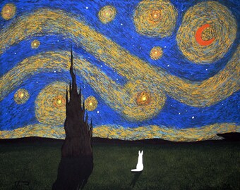 White German Shepherd Dog LARGE Folk art PRINT of Todd Young painting Starry Sky