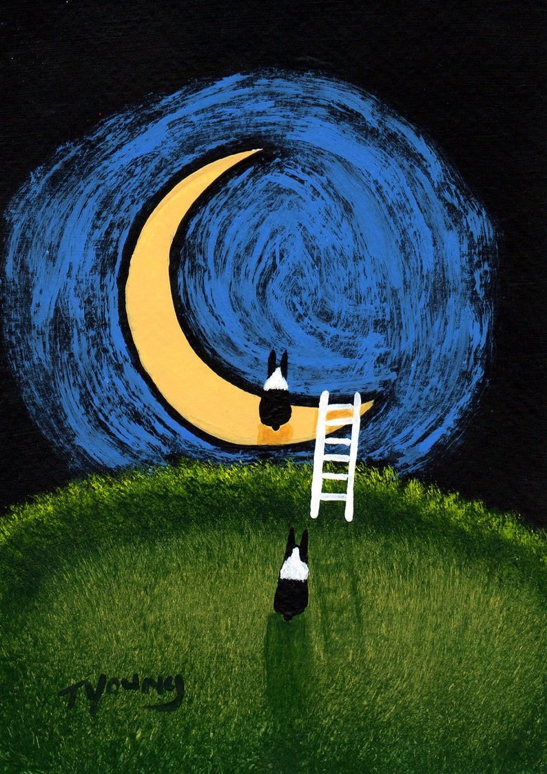 Boston Terrier Dog Art PRINT Todd Young painting Ladder to the Moon image 1