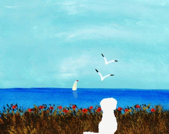 Maltese Dog Bichon Frise Folk Art print by Todd Young painting OCEAN POPPIES