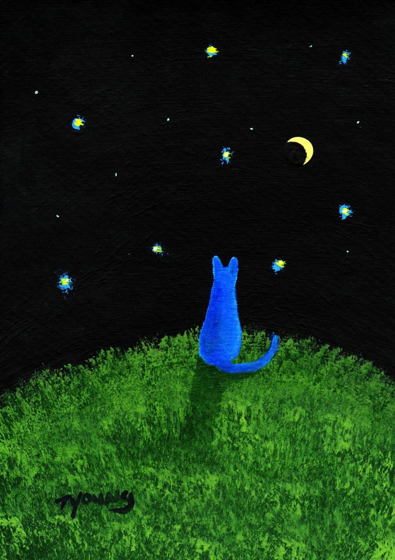 Russian Blue Cat MOON and STARS Folk art print by Todd