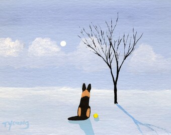 Black Tan German Shepherd Dog Folk art Print of Todd Young painting LONG WINTER TREE