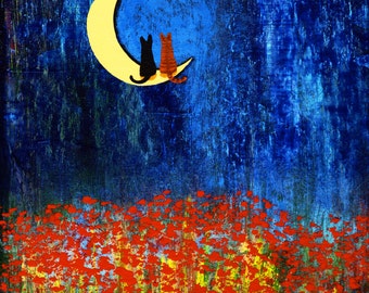 Black Orange Tabby Cat LARGE Folk Art Print Todd Young painting STARGAZING