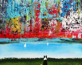 Border Collie Dog Beach LARGE Folk Art Print Todd Young SUMMER SKY