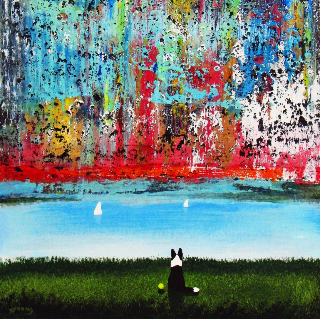Border Collie Dog Beach LARGE Folk Art Print Todd Young SUMMER SKY