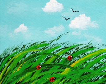 Landscape Folk art PRINT of Todd Young painting LADYBUG