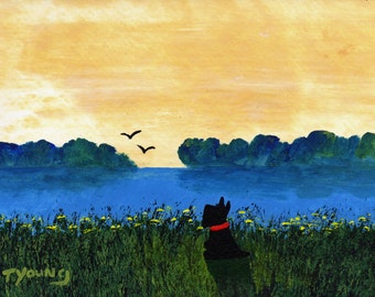 Scottie Dog Folk Art PRINT Todd Young painting Summer Pond