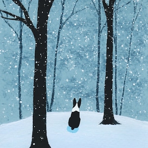 Boston Terrier Dog Folk Art PRINT of Todd Young painting FALLING SNOW