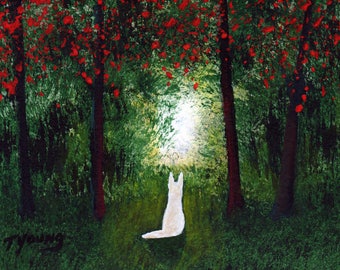 White German Shepherd Dog Outsider Folk Art PRINT of Todd Young Forest Light