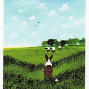 May include: An illustration of a brown and white rabbit looking towards a field with sheep. The rabbit is in the foreground, with a green field and trees in the background. The sky is blue with white clouds.