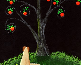 Yellow Lab Dog Klimt folk art PRINT of Todd Young painting APPLE TREE