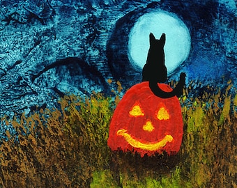 Black Cat Halloween ACEO MINI  Art PRINT of Todd Young painting