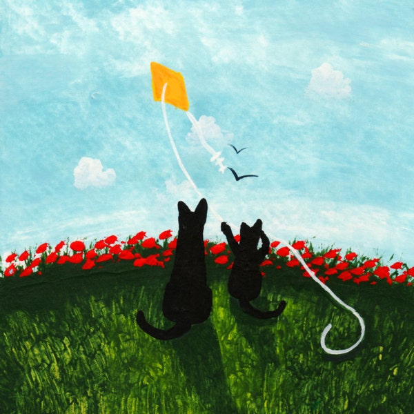Tuxedo Black Cat folk art print by Todd Young KITE FLYING