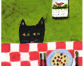 Black Cat SPAGHETTI CAT Outsider folk art print by Todd Young