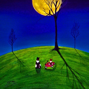 Akita Dog Puppy Outsider Folk Art PRINT of Todd Young painting MOON GAZERS image 1