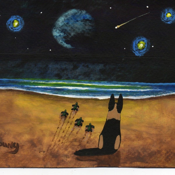 German Shepherd Dog Sea Turtles Folk art print by Todd Young The Guardian