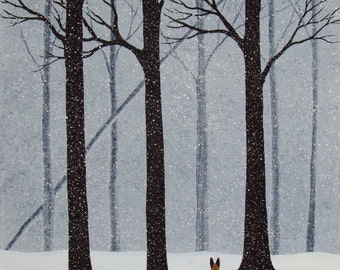 Belgian Malinois Dog Forest LARGE art print by Todd Young FALLING SNOW