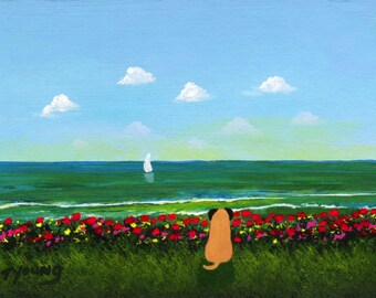 Fawn PUG Dog seascape folk art Print by Todd Young BEACH FLOWERS