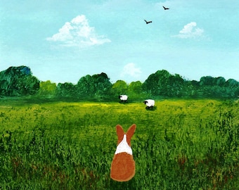 Pembroke Welsh Corgi Dog Folk Art PRINT of Todd Young painting Watching Sheep