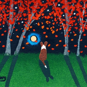 カーディガン ウェルシュ コーギー 犬 フォークアート トッド ヤングの絵画「FALLING LEAVES」のプリント