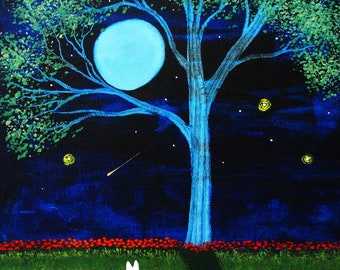 White German Shepherd Dog Moon Folk art PRINT of Todd Young painting Shooting Star