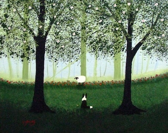 Border Collie Dog Folk art PRINT by Todd Young painting Green Forest Mist