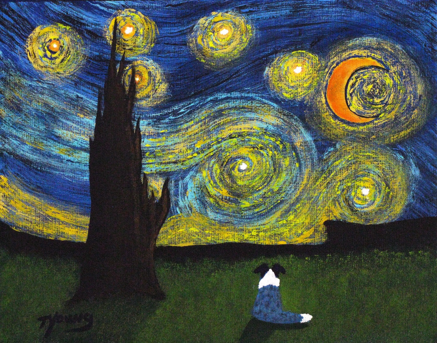 Sheltie Border Collie Dog Blue Merle Outsider Folk Art PRINT Todd Young painting Starry Sky