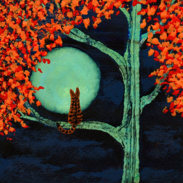 Orange Tabby Cat  Folk Art print by Todd Young painting AUTUMN MOON