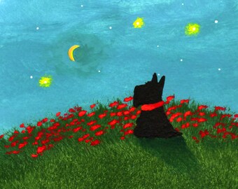 May include: An acrylic painting of a black dog silhouette wearing a red scarf, gazing at a night sky with a crescent moon and stars. The dog is on a grassy hill with red flowers.