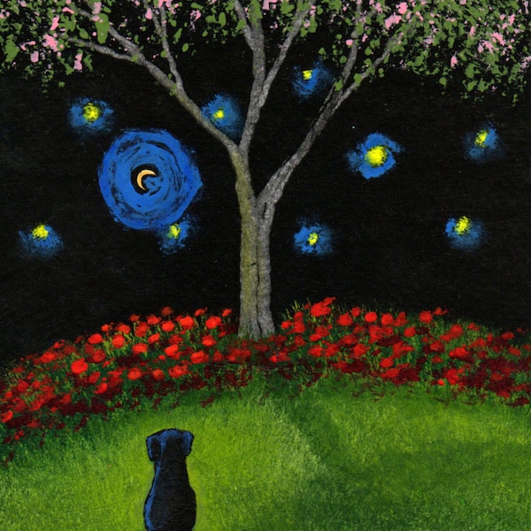 Black PUG Dog outsider folk art print by Todd Young Spring Tree
