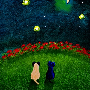 Black Fawn PUG Dog outsider folk art print by Todd Young MOON GAZERS