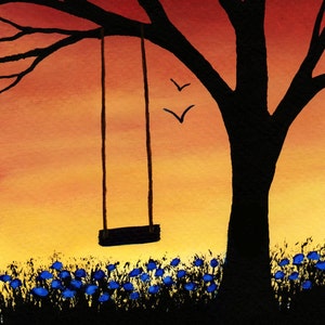 May include: A painting depicting a tree silhouette with a swing. The background shows an orange and yellow gradient, with two birds in flight. Blue flowers are at the tree's base. The artist's signature is visible.