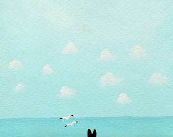 Black German Shepherd Dog Ocean art Print of Todd Young painting AT THE BEACH