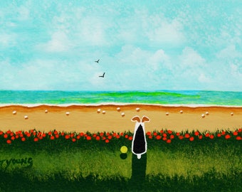 May include: Acrylic painting of a dog gazing at the sea. The dog is black and white, with a yellow ball. The beach is sandy with white shells, and the sky is blue with clouds and birds. The painting has a summery feel.