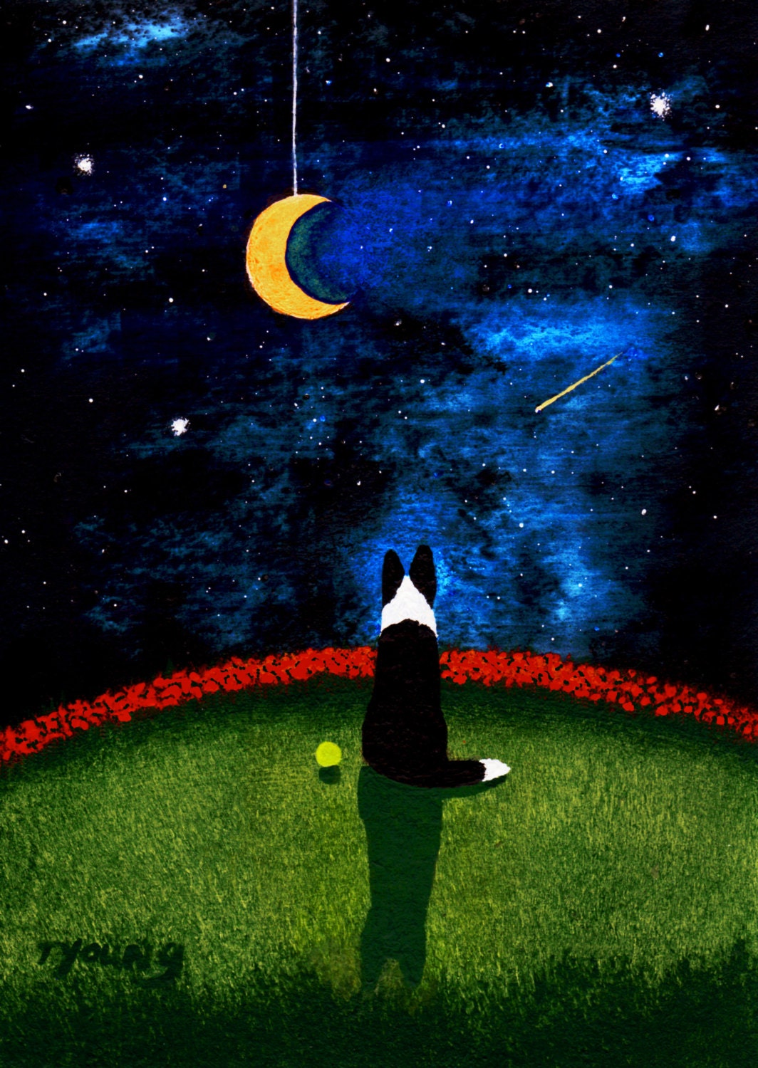 Border Collie Dog Outsider Folk Art Print Todd Young MOON on a