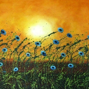 Blue Poppies Outsider Folk Art PRINT of Todd Young painting Soft Summer Breeze