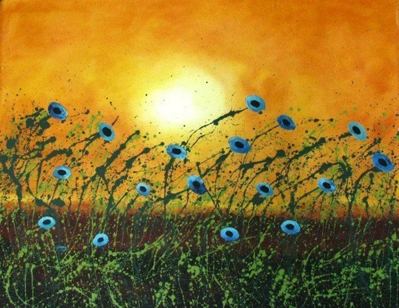 Blue Poppies Outsider Folk Art PRINT of Todd Young painting Soft Summer Breeze image 1