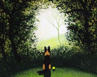 May include: A black and brown dog sits in a green grassy area, looking out at a bright white light through a dense green forest. The dog is facing away from the viewer and has a yellow ball in front of it.