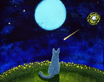 Russian Blue Cat Moon Stars ACEO MINI Art PRINT of Todd Young painting