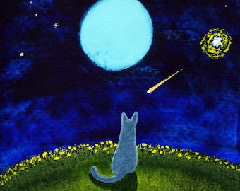 Russian Blue Cat Moon Stars Folk Art PRINT of Todd Young painting STARRY SKY