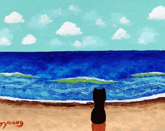 Schipperke Dog Seascape Outsider Folk Art Print by Todd Young AT THE BEACH