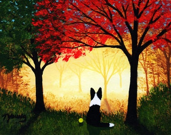 Border Collie Dog Outsider LARGE Folk Art PRINT Todd Young Autumn Forest Light