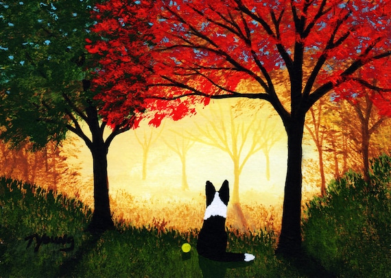 Border Collie Dog Outsider LARGE Folk Art PRINT Todd Young Autumn