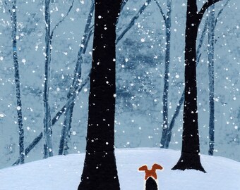 Wire Fox Terrier dog Folk Art Print by Todd Young FALLING SNOW