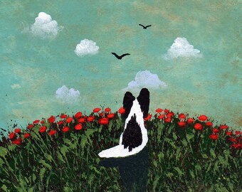 Black Papillon Dog art PRINT Todd Young painting Summer Poppies